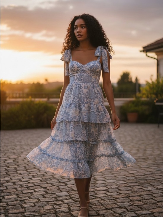 Evenuel Dresses & Skirts - 💙 EVENUEL Blue Toile Bustier Midi Dress NWT Cottagecore Romantic Bow Strap 💙